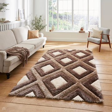 Olympia GR224 3D Geometric Plush Carved Hi-Lo Textured Soft Polyester Metallic Shimmer Shaggy Beige/Brown/Cream Rug-Think Rugs-Rug Love - The Most Loved Rug Store